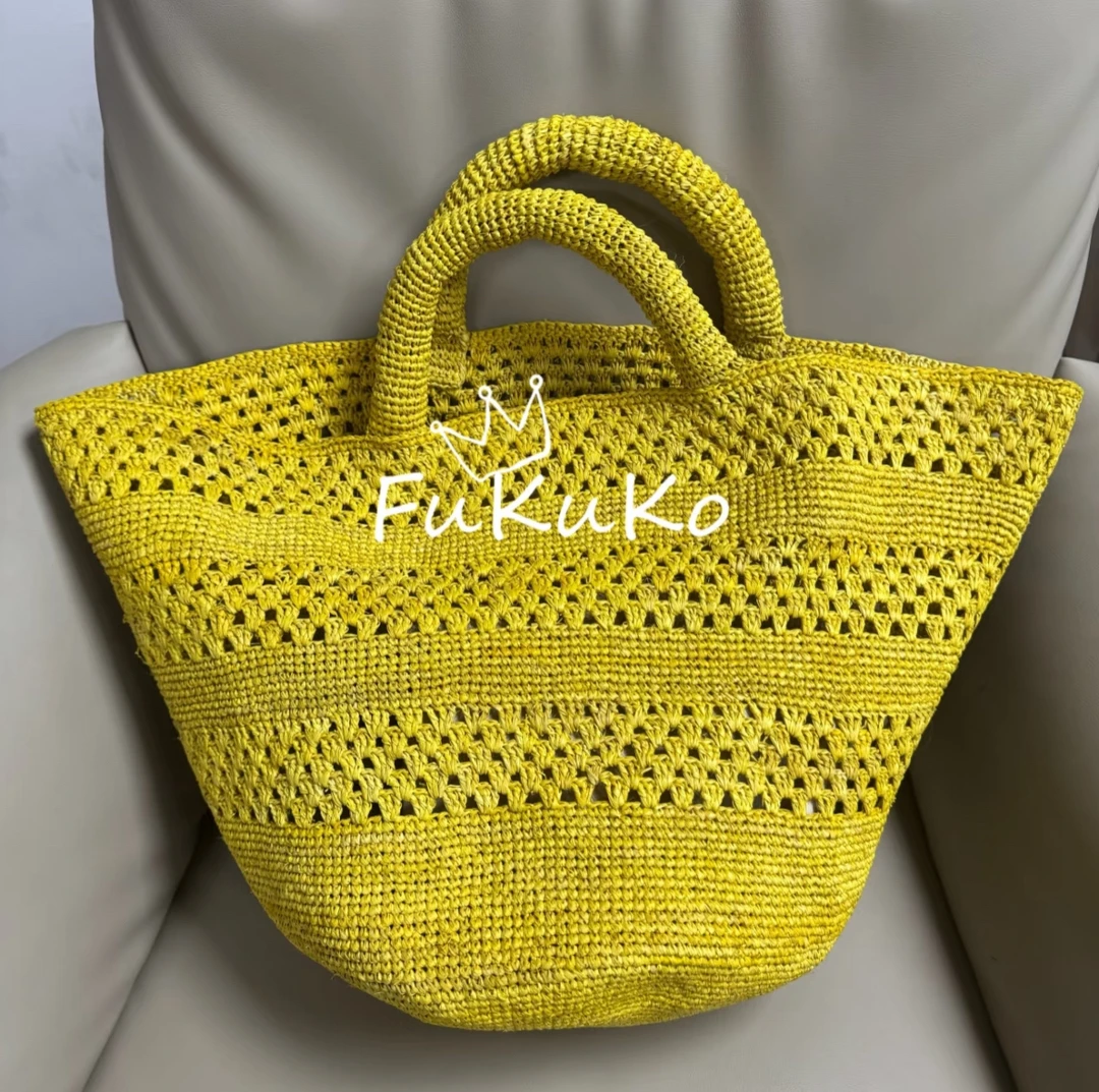 Fukuko新款松花黄镂空拉菲草大托特包女士手提包休闲度假包手工