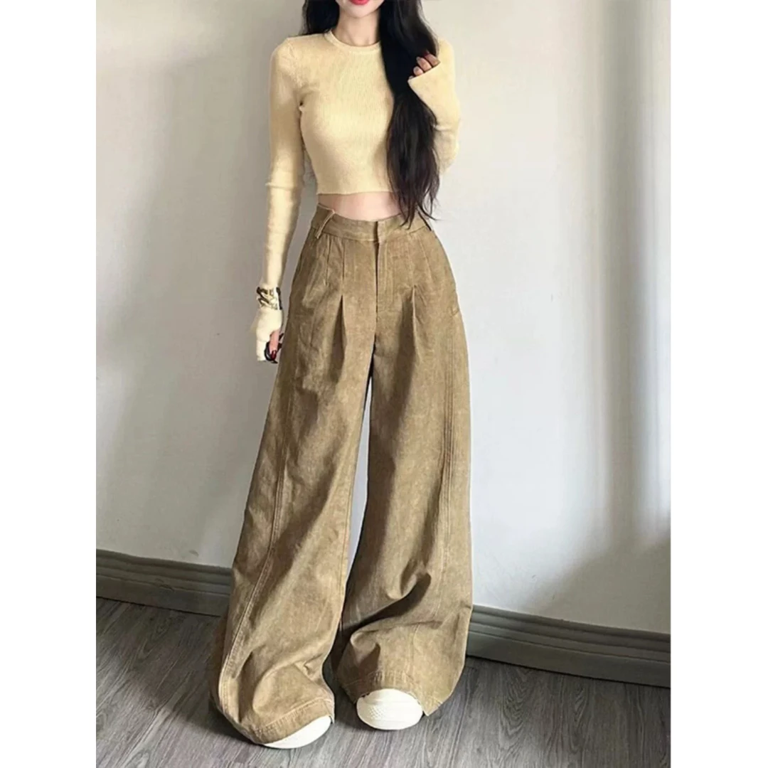 美式复古做旧水洗败叶黄色女春季新款宽松设计感阔腿拖地裤