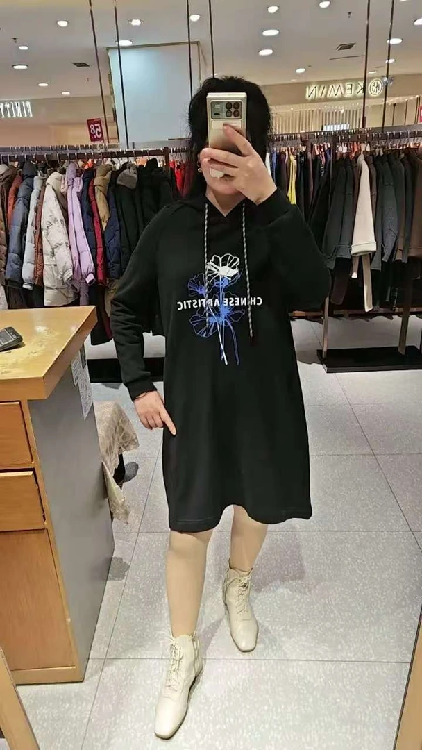女士纯棉中长款帽衫连衣裙长袖时尚休闲百搭宽松