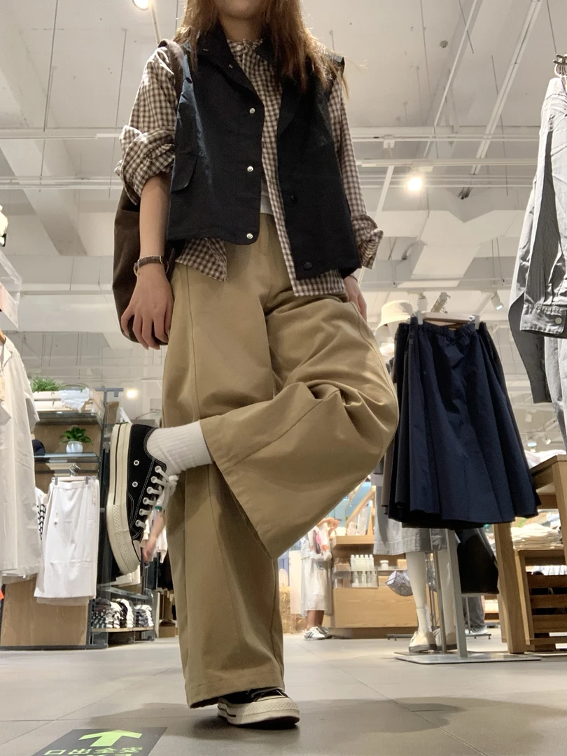 卡其色工装裤早秋复古显瘦纯棉阔腿裤休闲百搭宽松