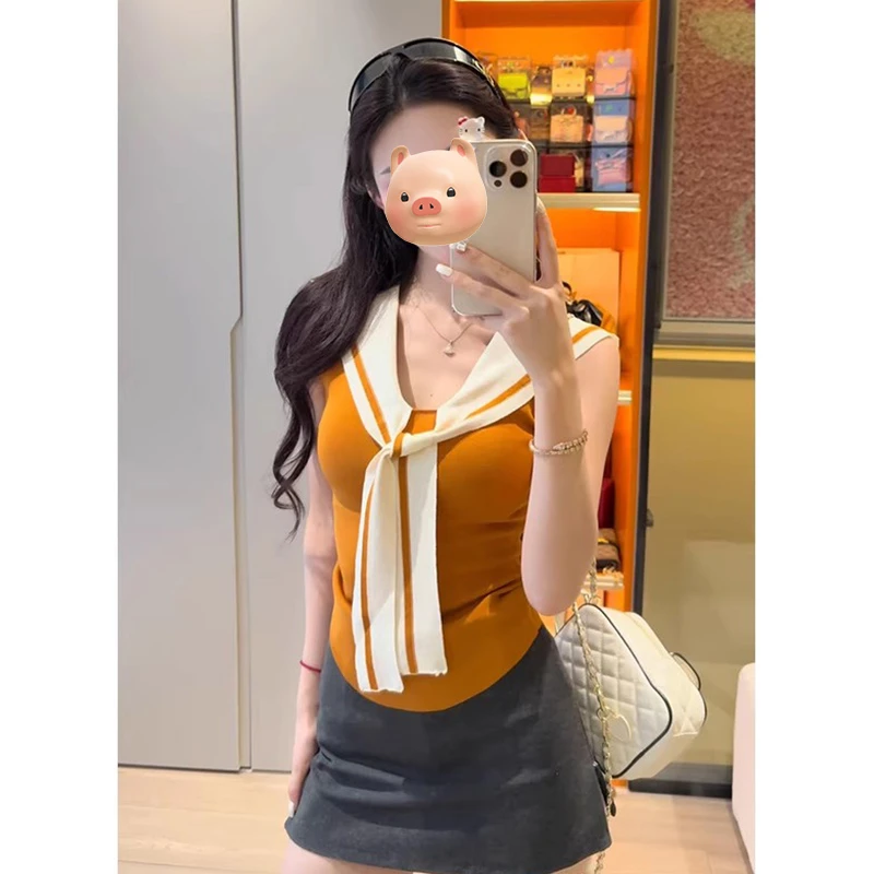 学院风海军领橘色V领冰丝针织背心女夏修身辣妹短款无袖披肩上衣