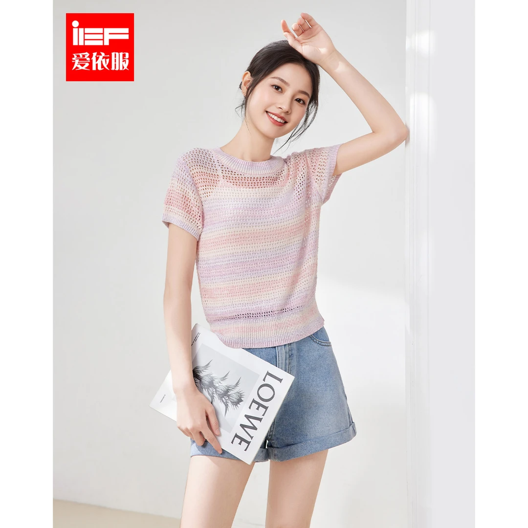 IEF/爱依服2025夏季新款韩版甜美淑女气质镂空设计百搭毛织上衣