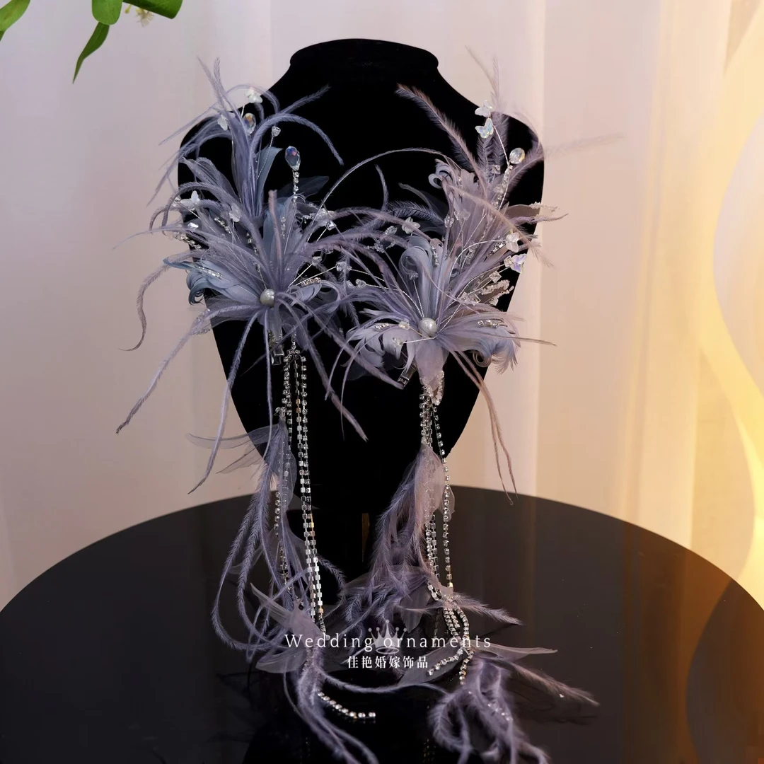 3062新款仙气质结婚纱礼服灰蓝色羽毛流苏发夹高级新娘头饰