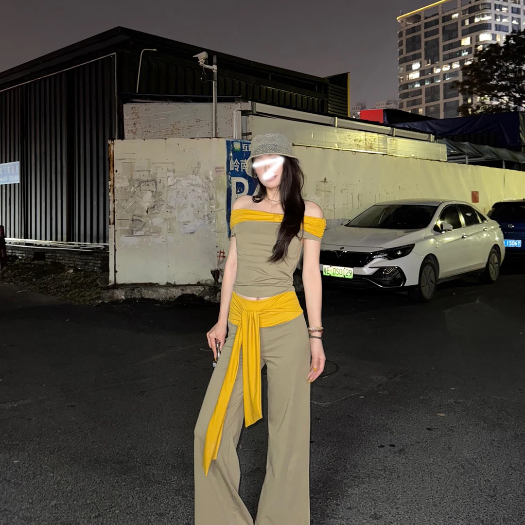 新时尚款一字肩上衣拼接撞色设计+辣妹高腰绑带喇叭阔腿裤套装女