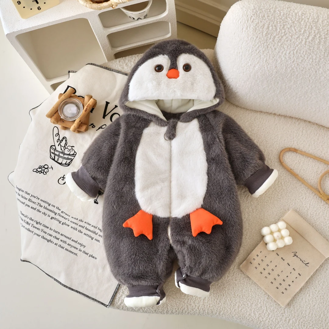 哈衣冬季长爬ol宝宝卡通新生儿拉链加绒婴儿保暖冬款连帽外出爬服