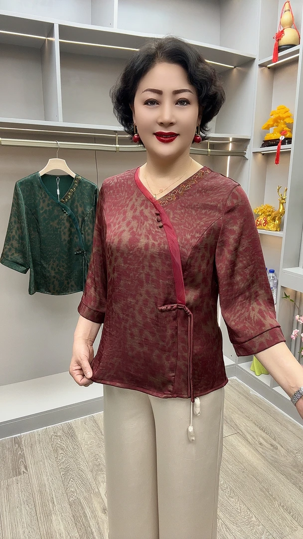 SL#8581夏季新中式复古V领套头小衫,衣长62
