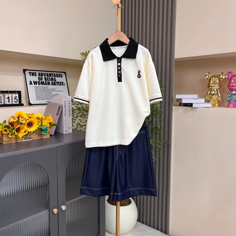 女童套装中大童夏装新款韩版宽松翻领短袖polo衫洋气休闲两件套