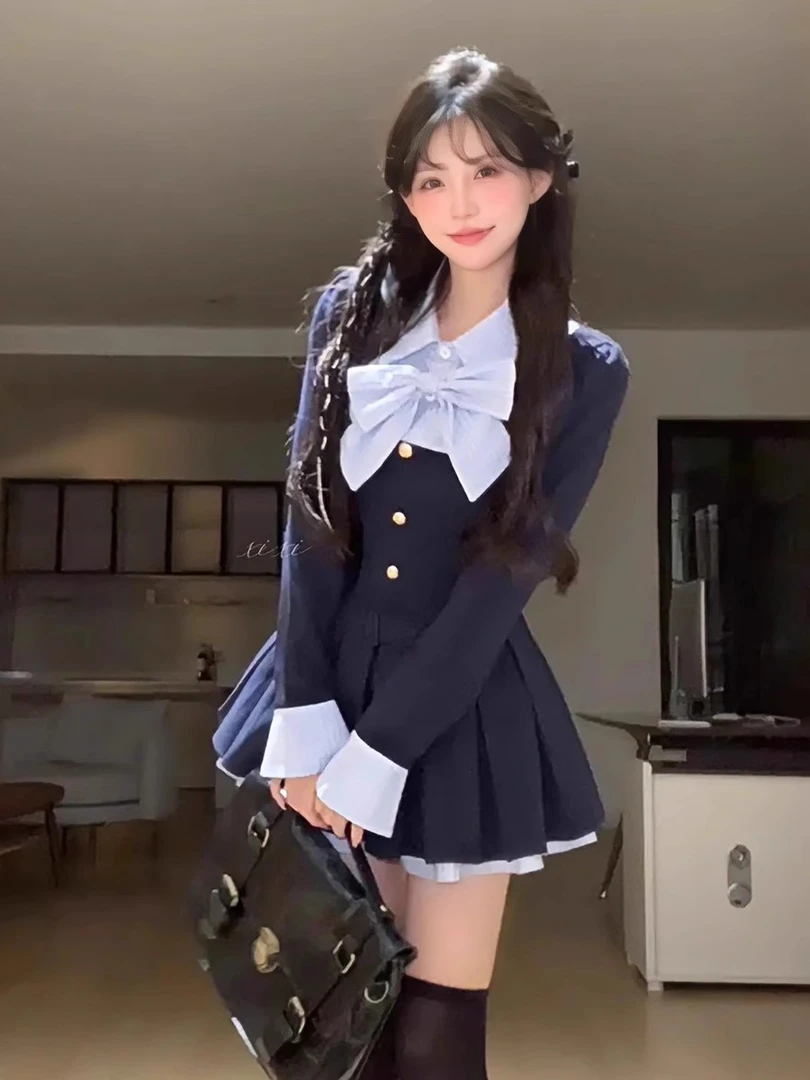 秋冬新款拼接蝴蝶结学院风连衣裙设计感辣妹长袖显瘦甜美百褶短裙