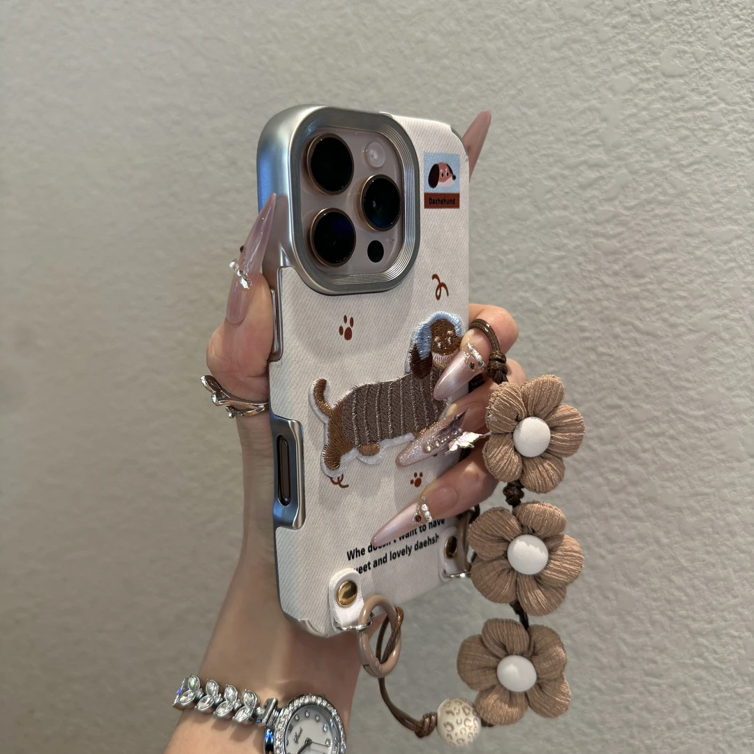 电镀牛仔纹腊肠狗适用苹果17promax手机壳iPhone16可爱15挂绳14女