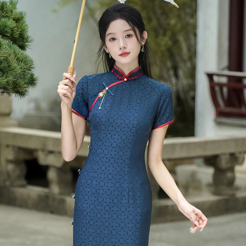 新中式旗袍高端2025夏季老上海日常可穿长款裙子素雅国风蓝色礼服