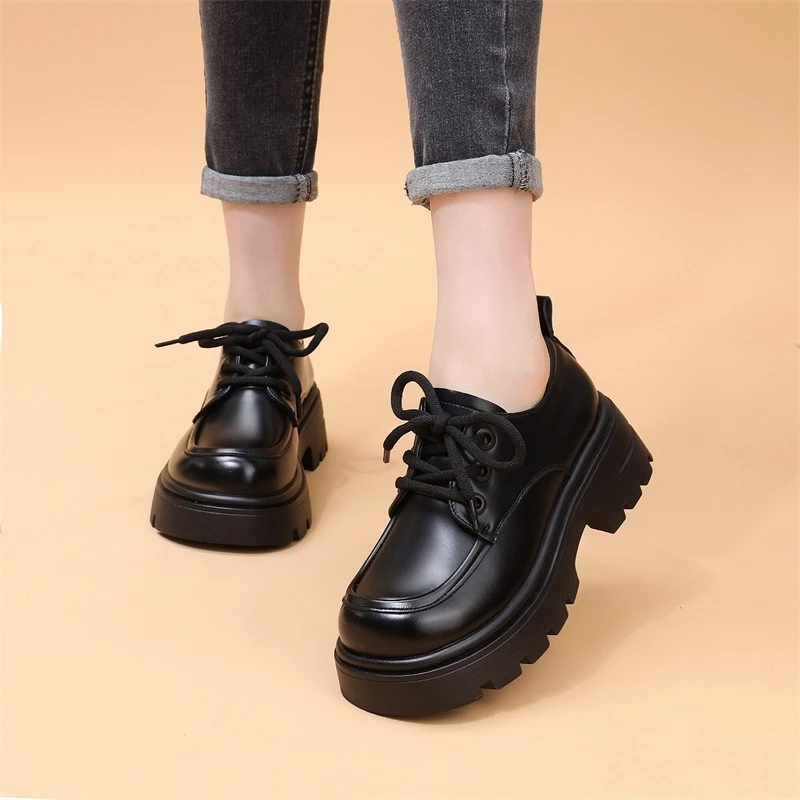 软皮厚底乐福鞋黑色小皮鞋女英伦风2024春秋新款鞋子系带粗跟单鞋