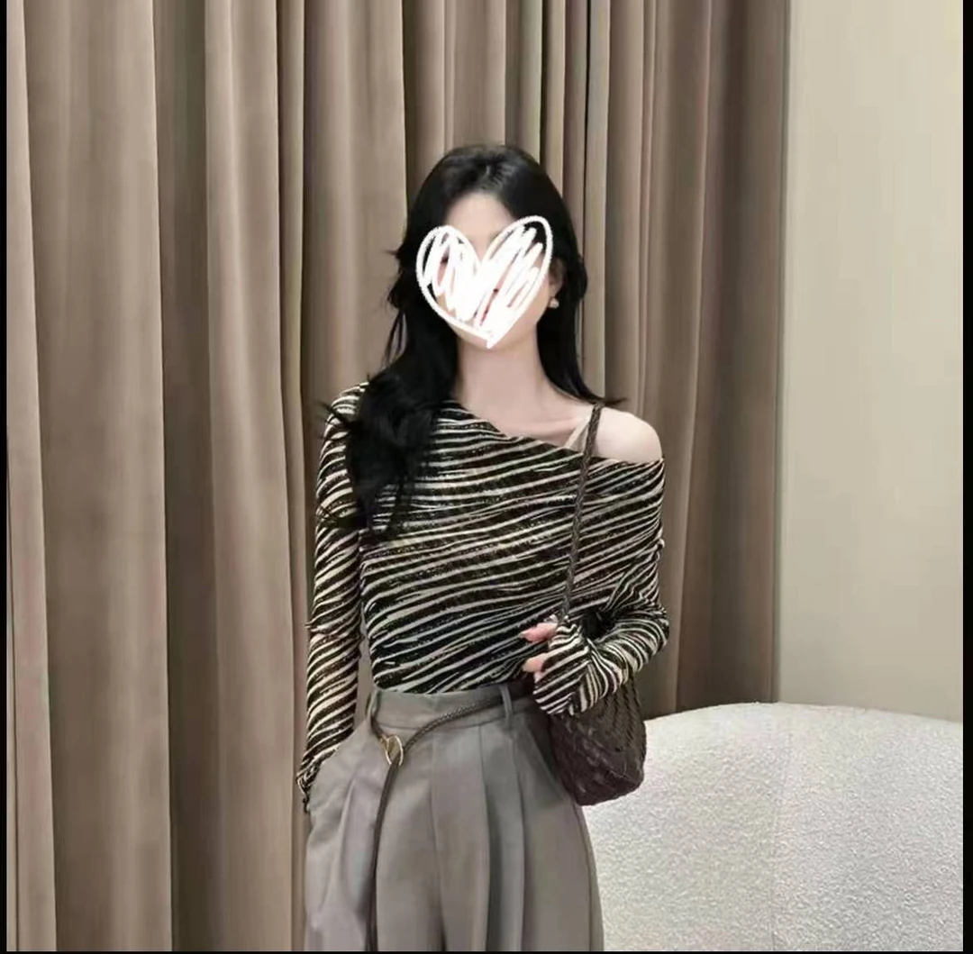早秋新款性感斑马纹网纱长袖内搭修身显瘦打底衫洋气百搭上衣