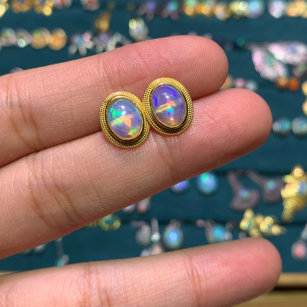 银S925镀金镶嵌欧泊耳钉