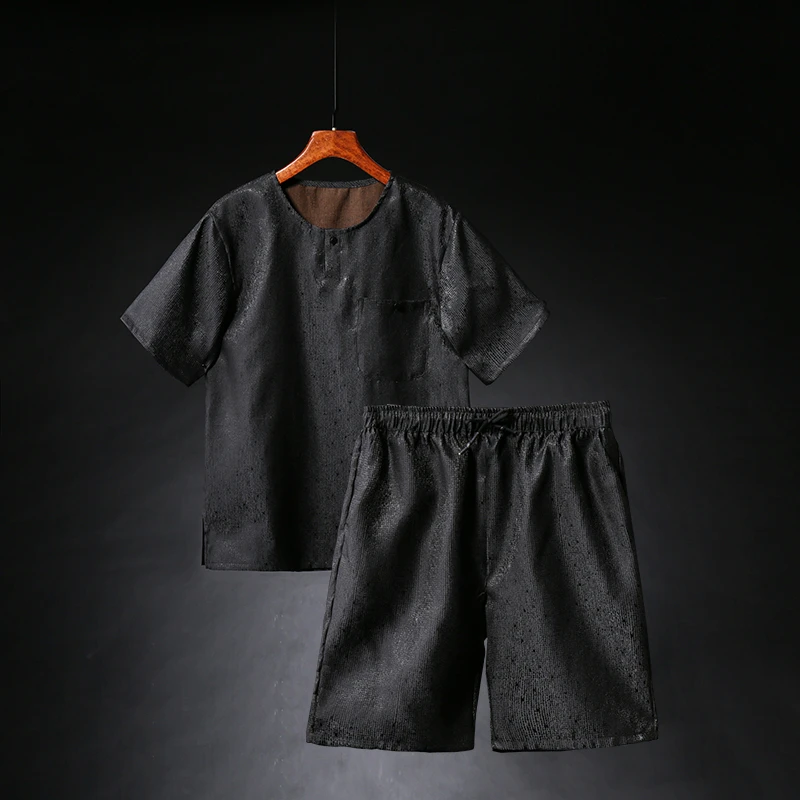 正宗香云纱男装夏季男士短裤套装t恤男大码宽松透气短袖薄款两件