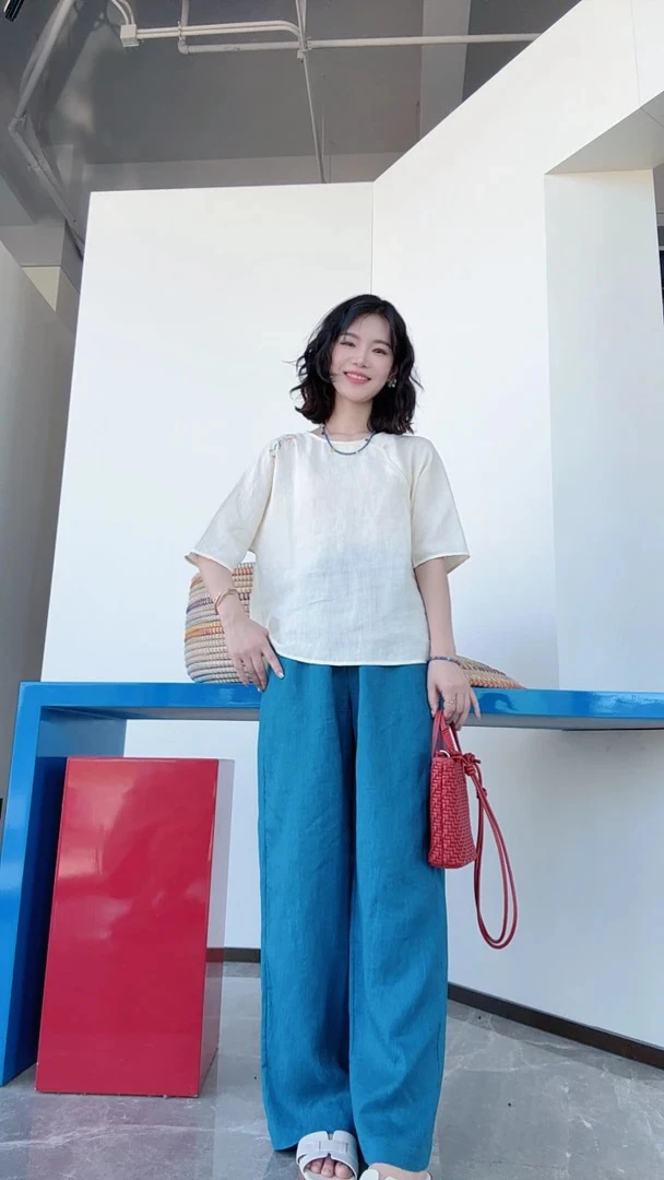 夏季新款孔雀蓝汉麻长裤气质休闲复古百搭直筒裤25237