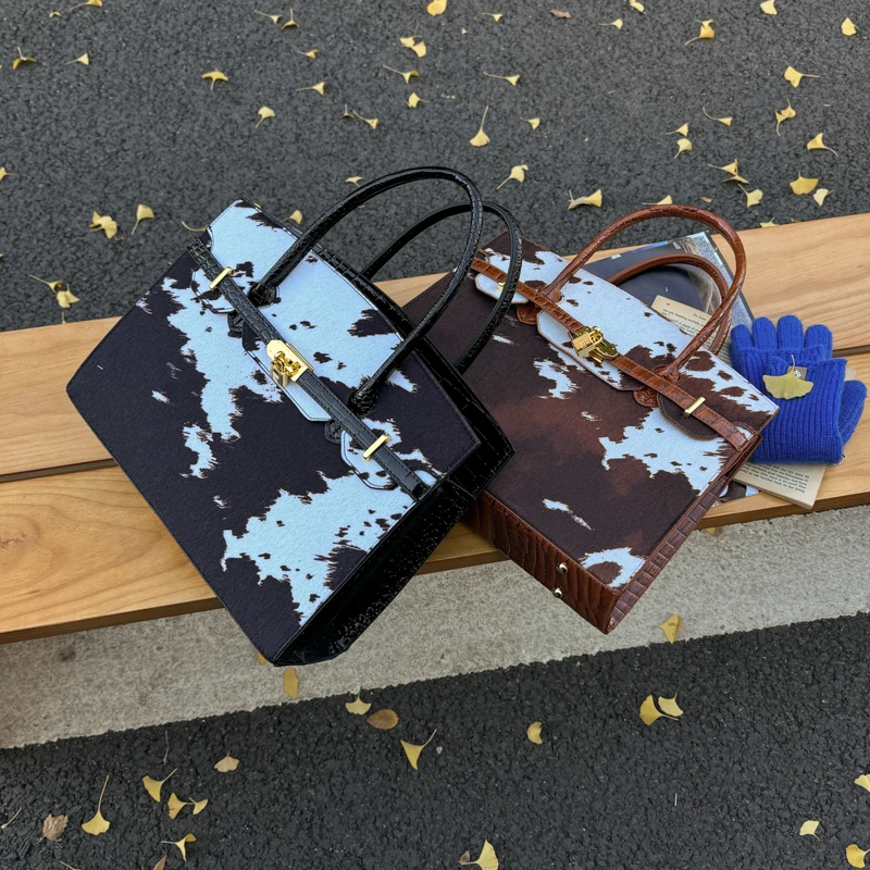 秋冬爆款马毛奶牛纹凯莉包时尚百搭手拿包休闲百搭手提包