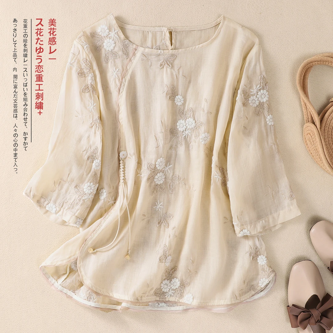 新中式国风刺绣苎麻衬衫女2025夏季新款薄款宽松显瘦棉麻欧货上衣