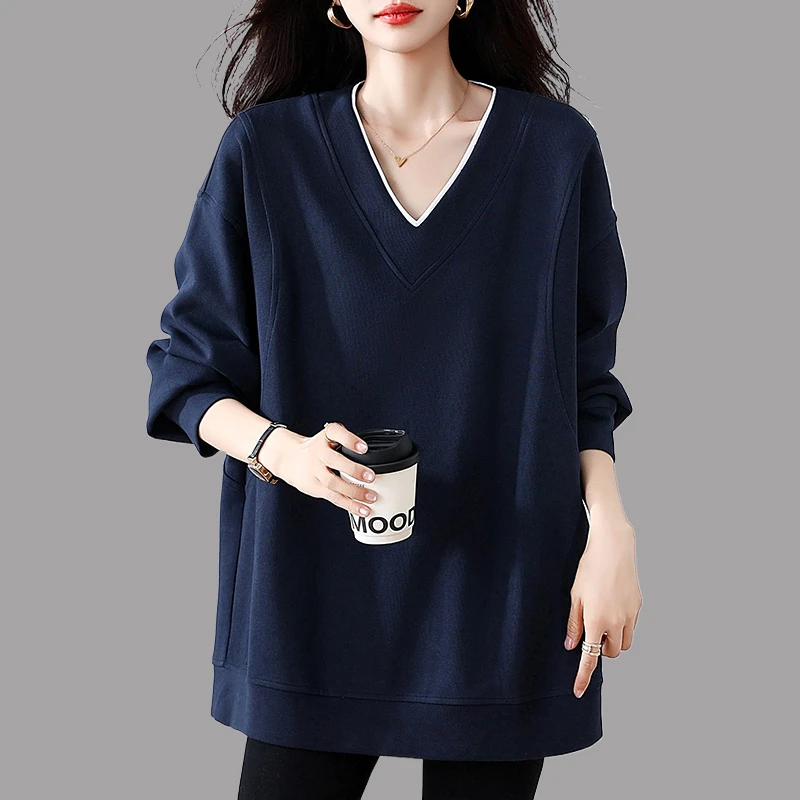 2025秋季新款女蓝色V领套头卫衣时尚大码宽松显瘦慵懒松弛感上衣