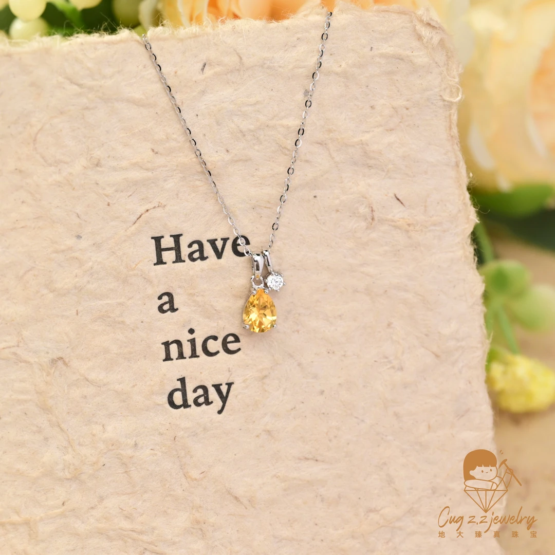 天然黄水晶项链设计款简约水滴项链温柔小钻925银