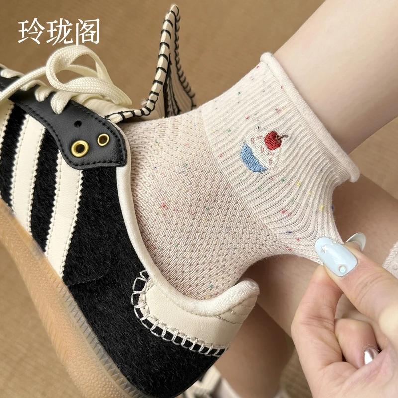 卷边袜子女款2025新款ins潮春夏薄款纯棉中筒袜卡通可爱透气短袜
