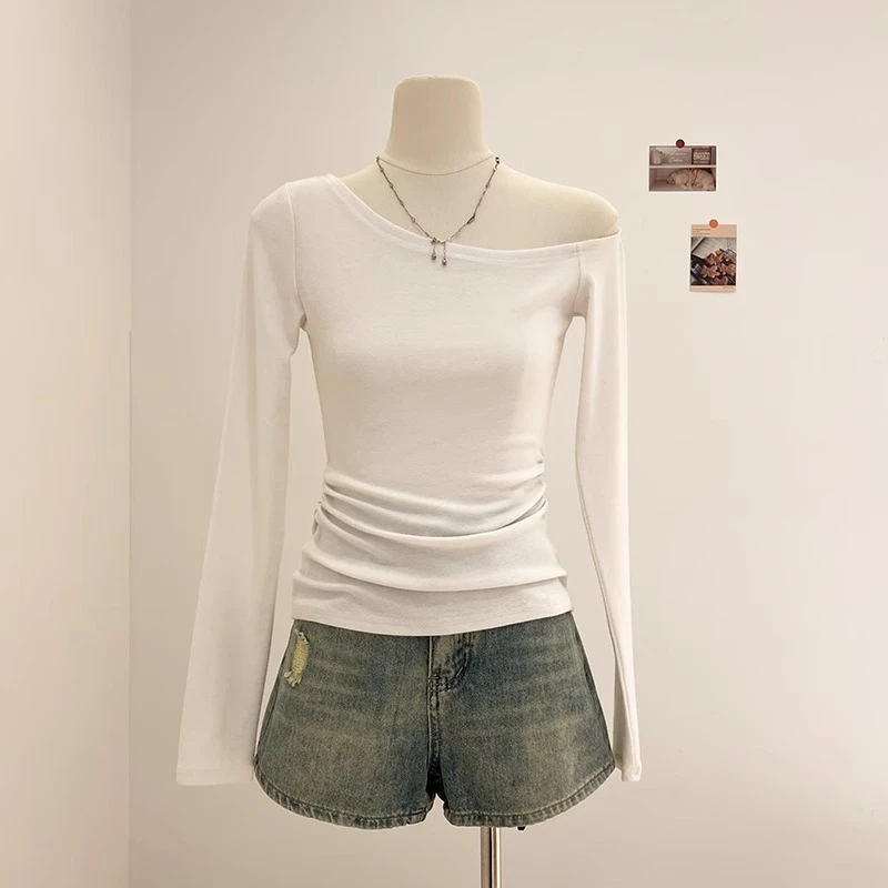 韩系一字肩白色不规则设计长袖T恤女洋气春秋季纯欲褶皱收腰上衣