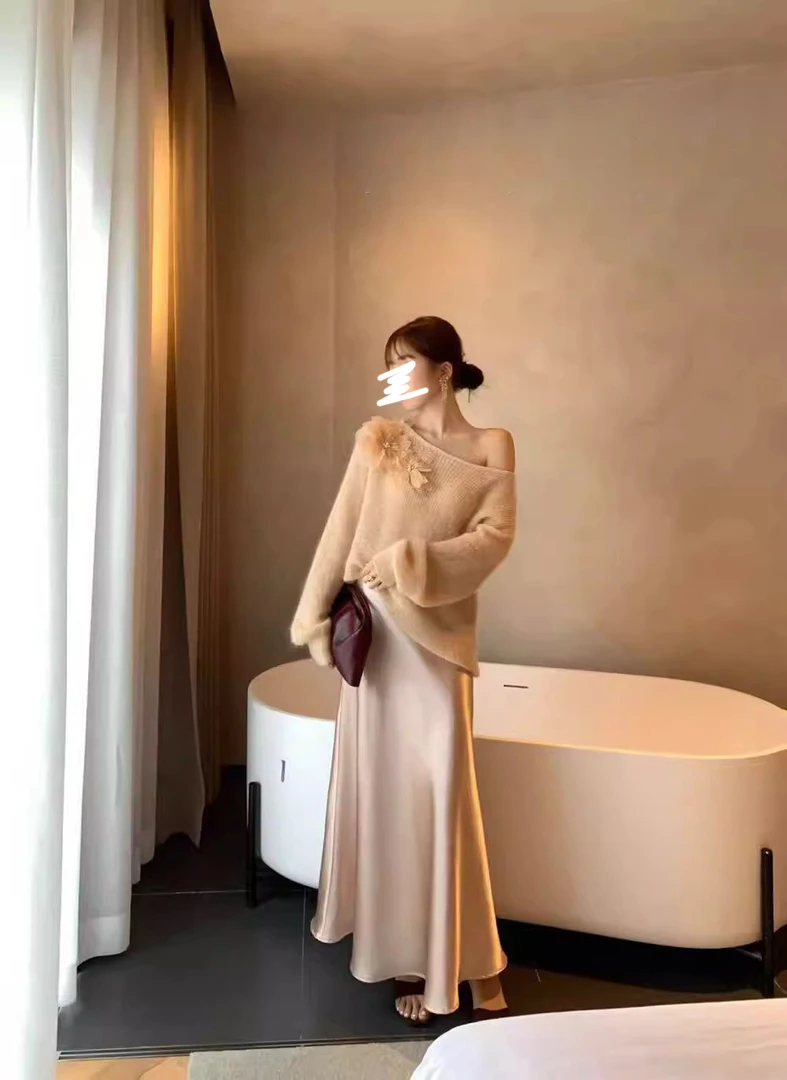法式温柔风氛围感套装立体花朵长袖针织衫毛衣女秋季半身裙两件套