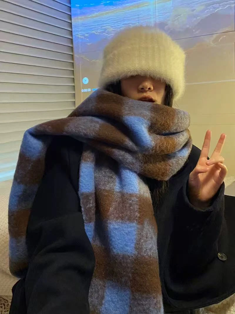 蓝咖软糯加厚长款围巾女百搭学生针织新款保暖围脖韩版ins潮