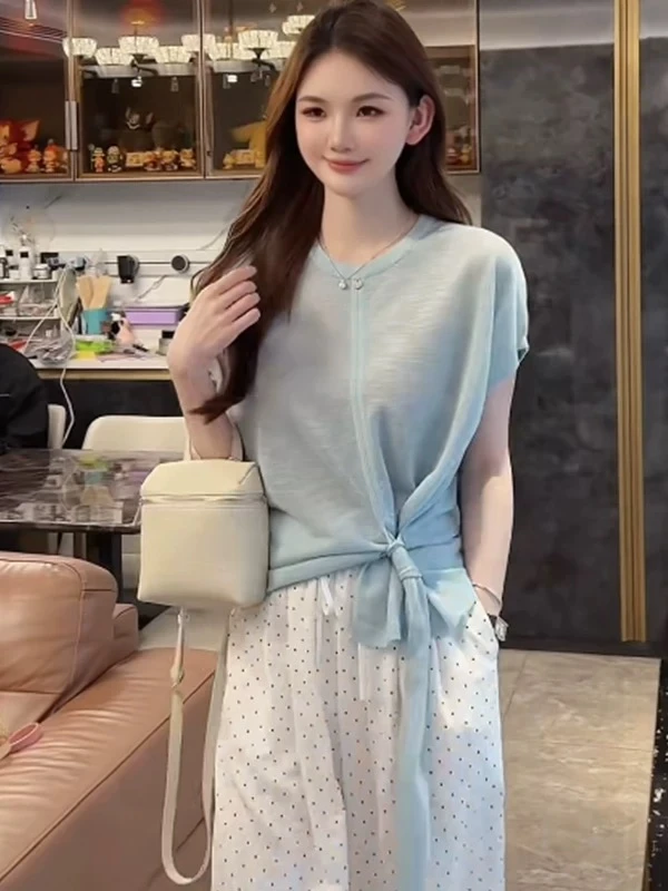 不规则蓝色圆领冰丝针织短袖t恤女夏季超好看独特漂亮绑带上衣薄