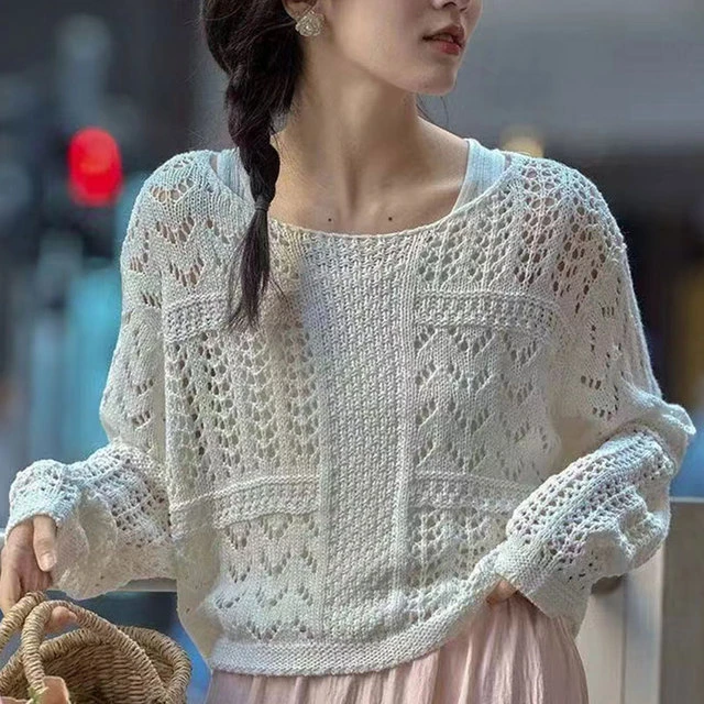 镂空罩衫长袖针织衫针织防晒新款2025早春宽松设计短款上衣薄款