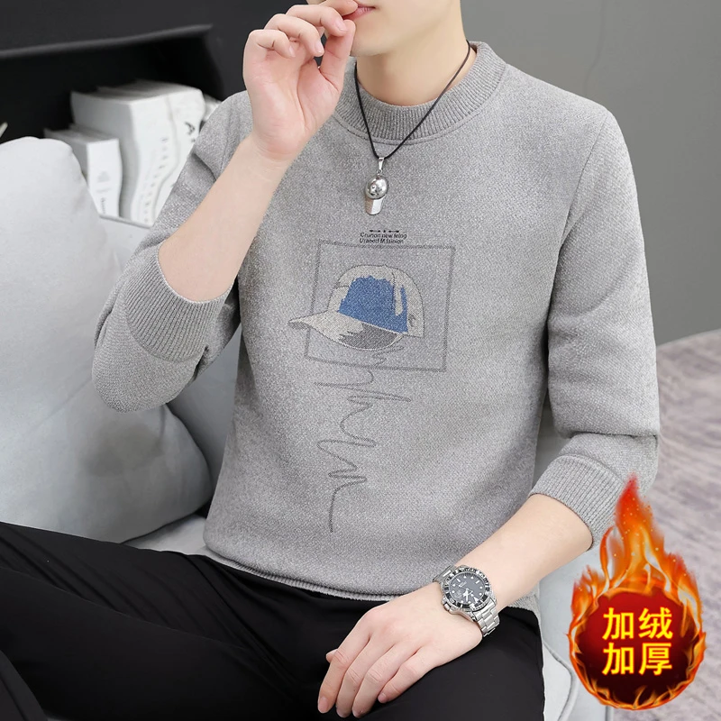 【高品质】2025秋冬季天鹅绒加绒休闲毛衣加厚印花男士针织衫A03