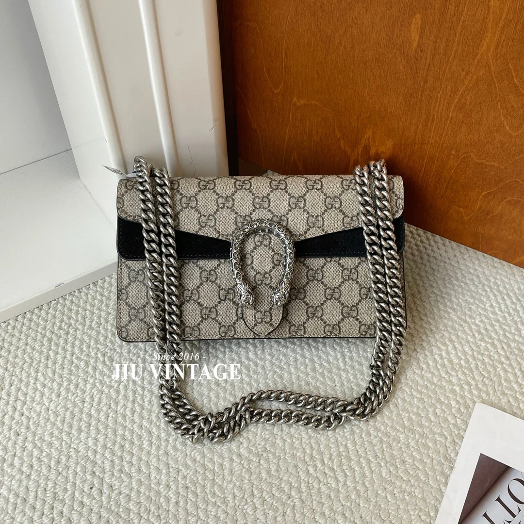 99新 GUCCI/古驰 酒神新款虎头钻扣老花拼黑色麂皮 BJM20-0257