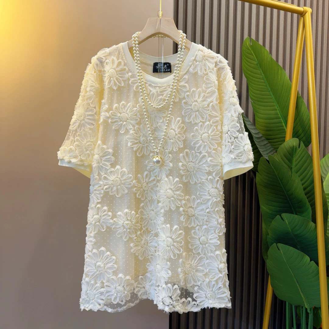 时尚欧货网红百搭气质花朵圆领宽松小衫衣长74左右