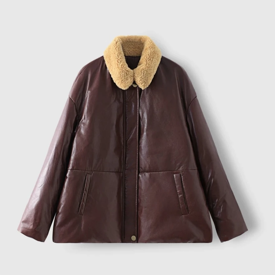 LZ进口轻油蜡植鞣绵羊皮机车领皮毛一体时尚冬季保暖女装外套