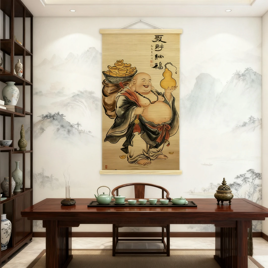 新中式弥勒佛聚财竹编挂画禅意茶室玄关客厅背景墙装饰