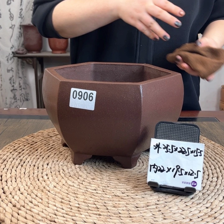 紫砂花盆紫玉金砂素面宫灯六方0906