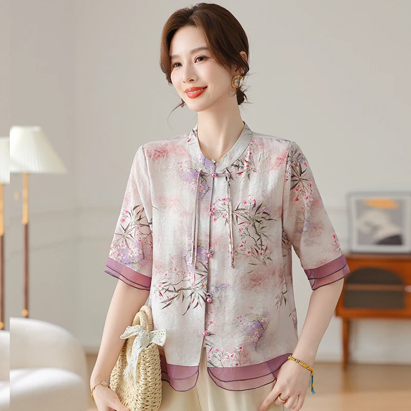 新中式妈妈夏装2025新款真丝中老年女夏季短袖贵夫人雪纺洋气小衫