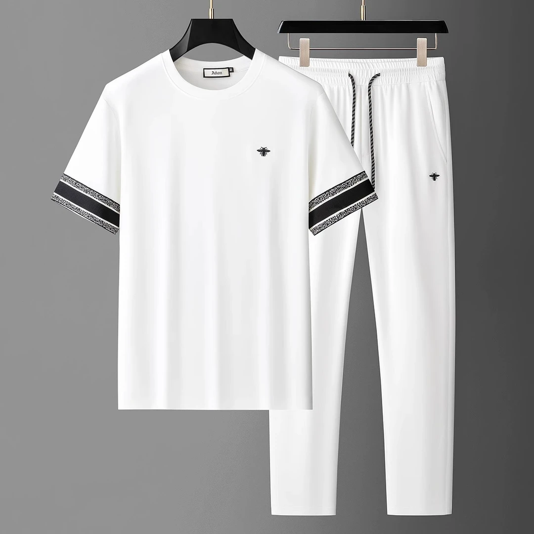 基密雷昂夏季时尚云感冰丝莫代尔撞色织带男士短袖休闲运动套装潮