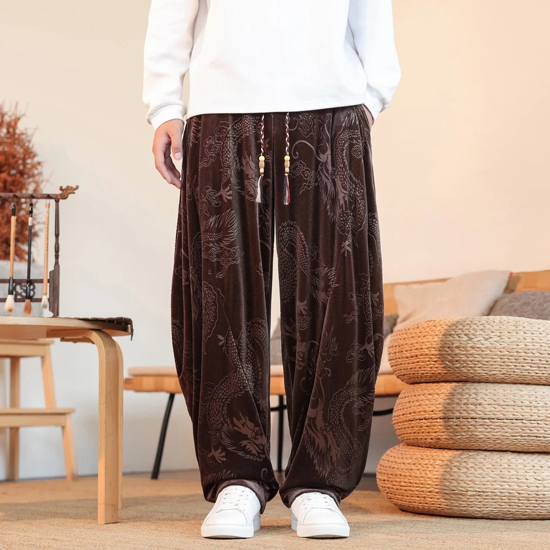 新中式宽松垂感阔腿长裤男秋冬季金丝绒哈伦萝卜裤宽松休闲直筒裤