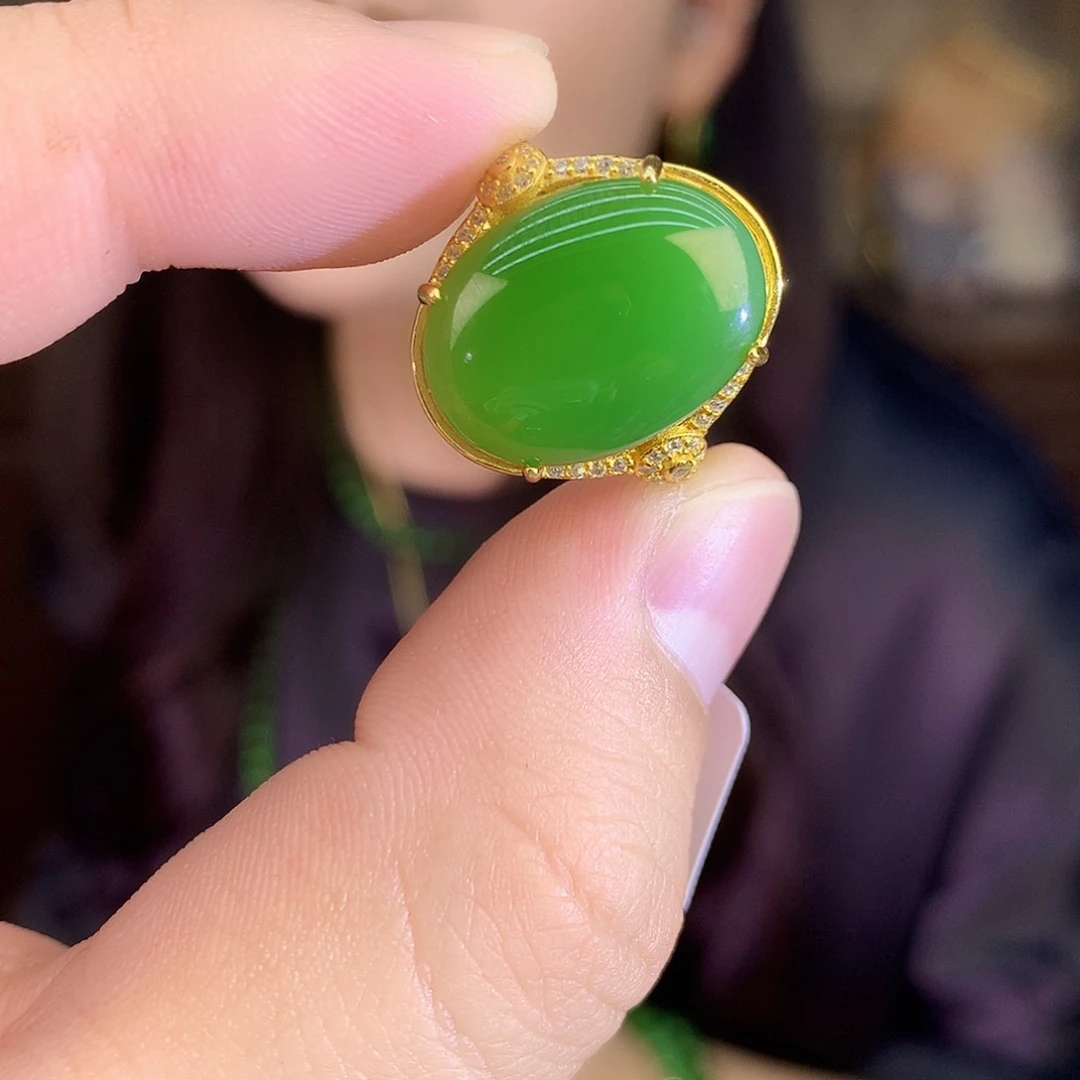 吊坠(不含链)银S925镶嵌和田玉（碧玉）戒指