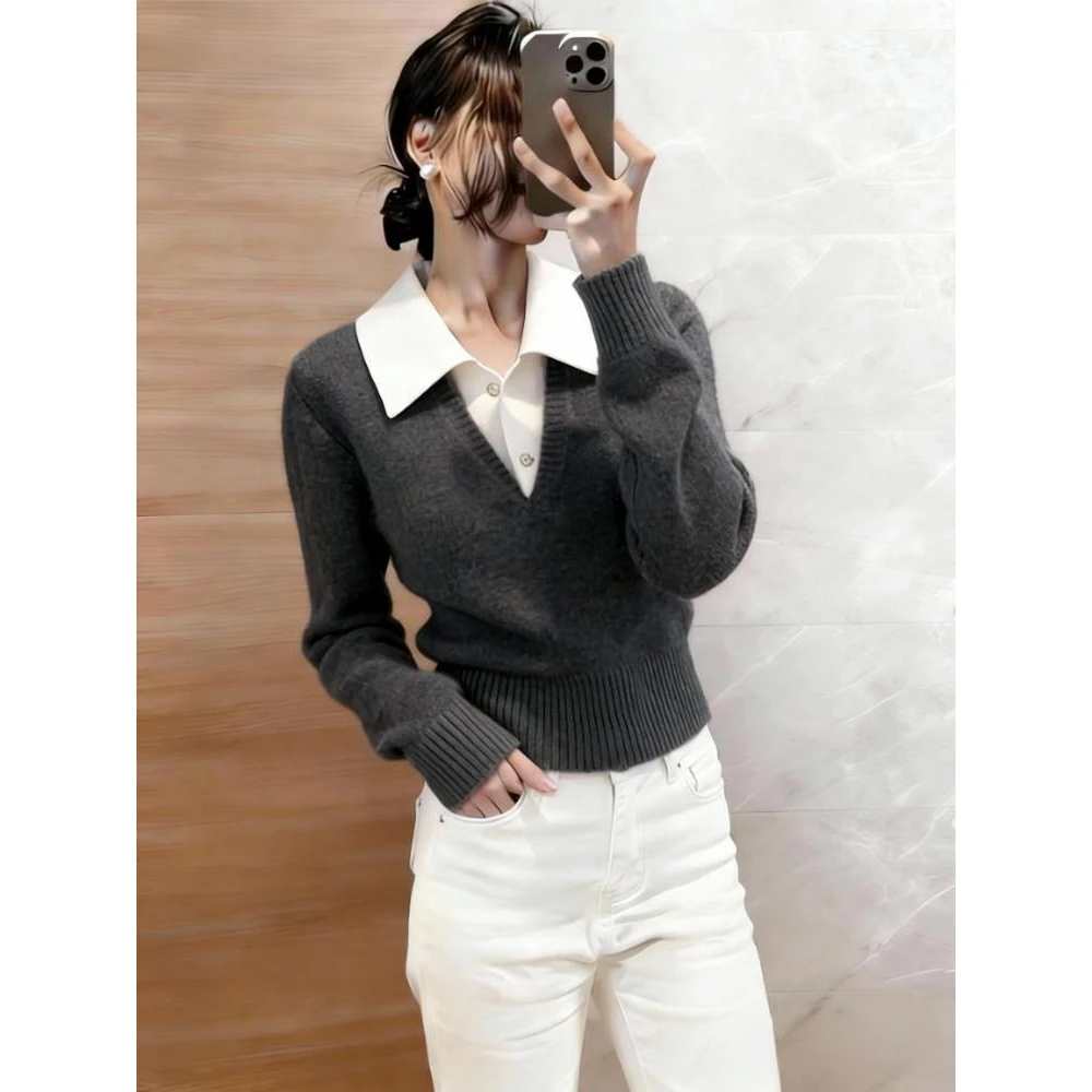 轻熟风韩版假两件针织衫女秋冬新款软糯内搭巨好看显瘦毛衣上衣女