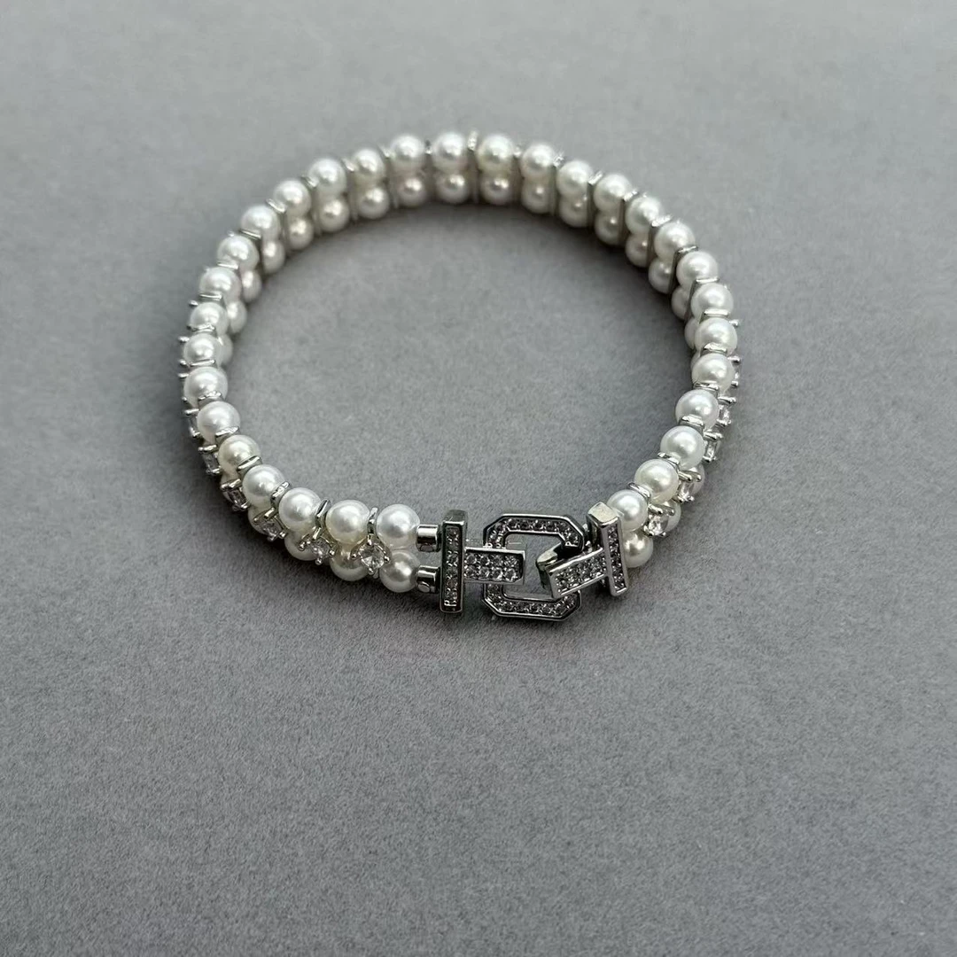 天然淡水4-5mm珍珠双排手链 正圆极强光手工 复古编织钻扣手镯