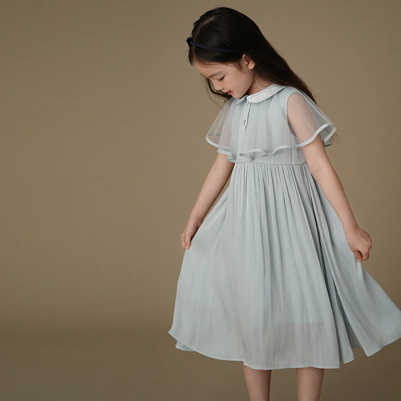 哈齿童装2025女童公主裙夏季8-15岁儿童法式披肩连衣裙宝宝生日裙