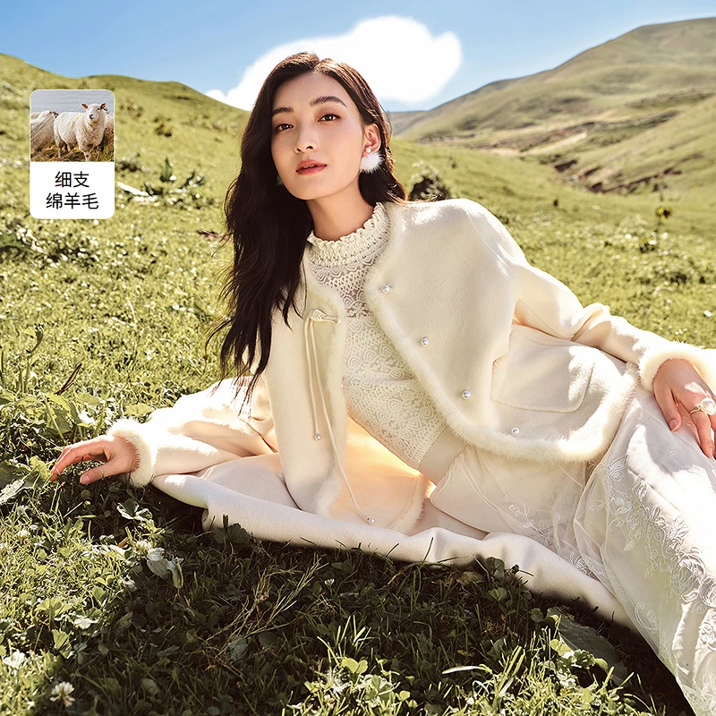 【可可专属】珂莱蒂尔水貂毛100羊毛双面呢瑰丽大衣毛呢外套女