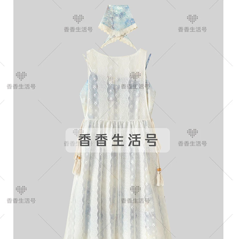 法式度假风甜美碎花连衣裙含头巾三件套装2024夏季新款百搭套装