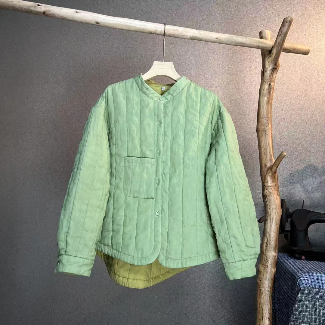 【隐叙原创】YX0497冬季新款排扣绗线竖条口袋(苎麻棉衬衫)外套