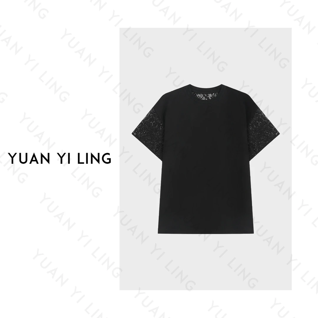 袁艺灵【蕾丝假日】25夏季上新 醋酸桑蚕丝时尚轻奢气质蕾丝拼袖T恤