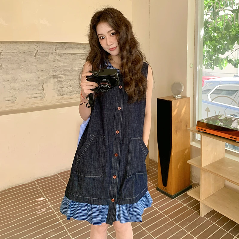 法式复古格子拼接假两件牛仔连衣裙女夏2025新款小个子A字背心裙