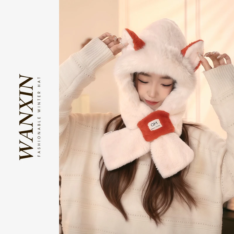 WAN XIN火狐狸毛绒帽子三件套围巾手套一体女士护耳帽冬季保暖