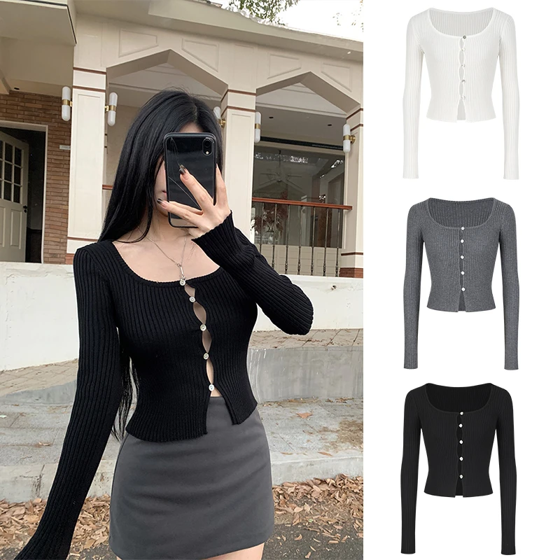 Moses Queen/魔西女王纯欲风u领针织打底衫早春修身短款毛衣开衫