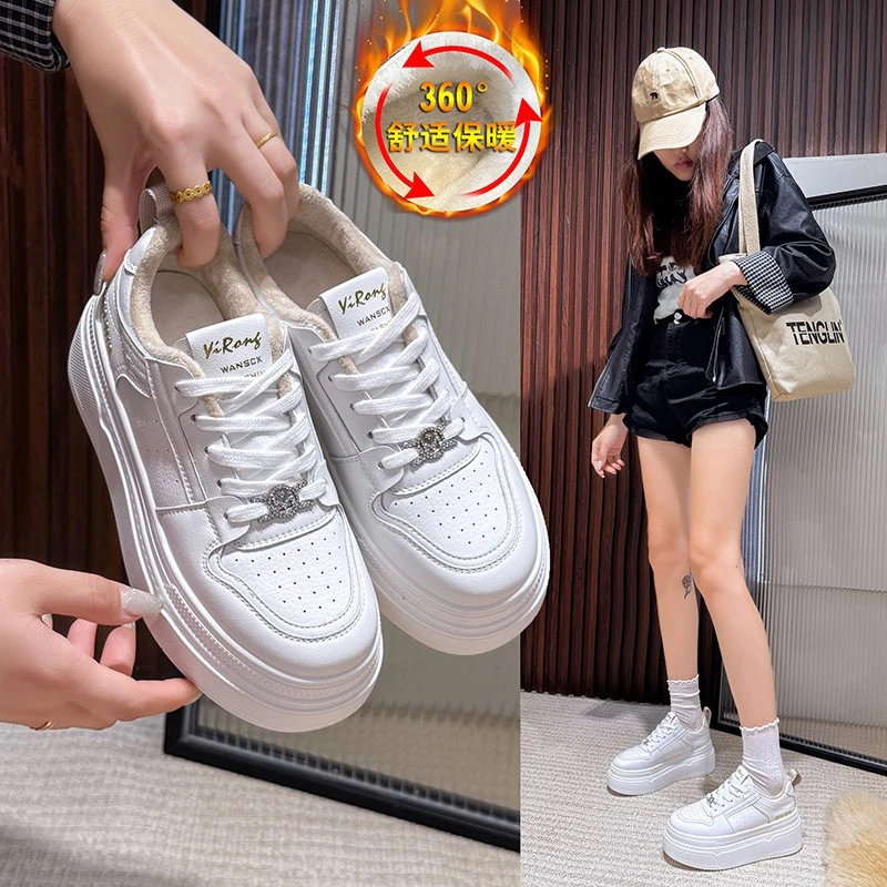 厚底加绒鞋女款2025新款爆款增高时尚耐磨低帮小白鞋百搭防滑减震